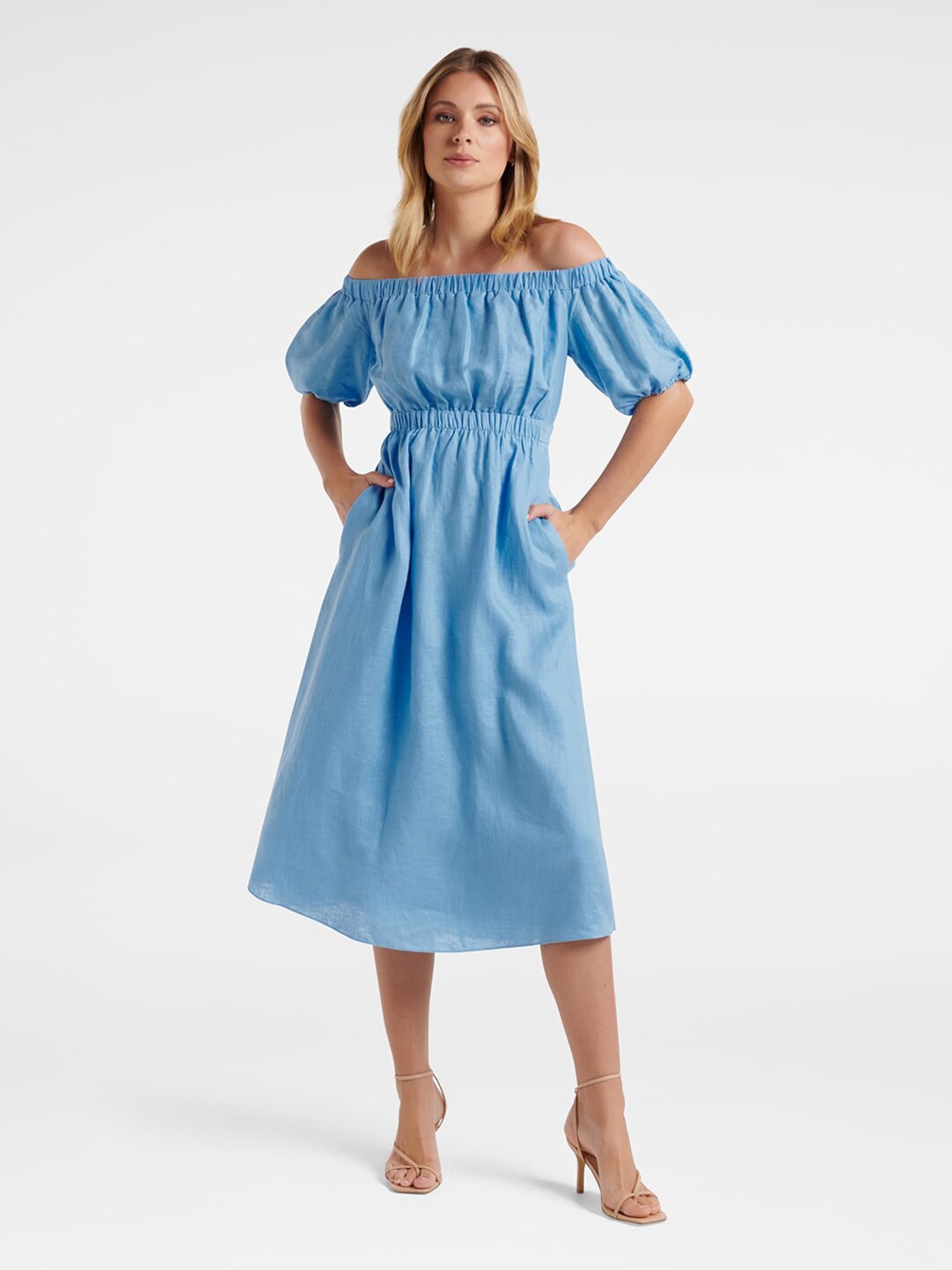 

Forever New Blue Off-Shoulder Linen Midi Dress