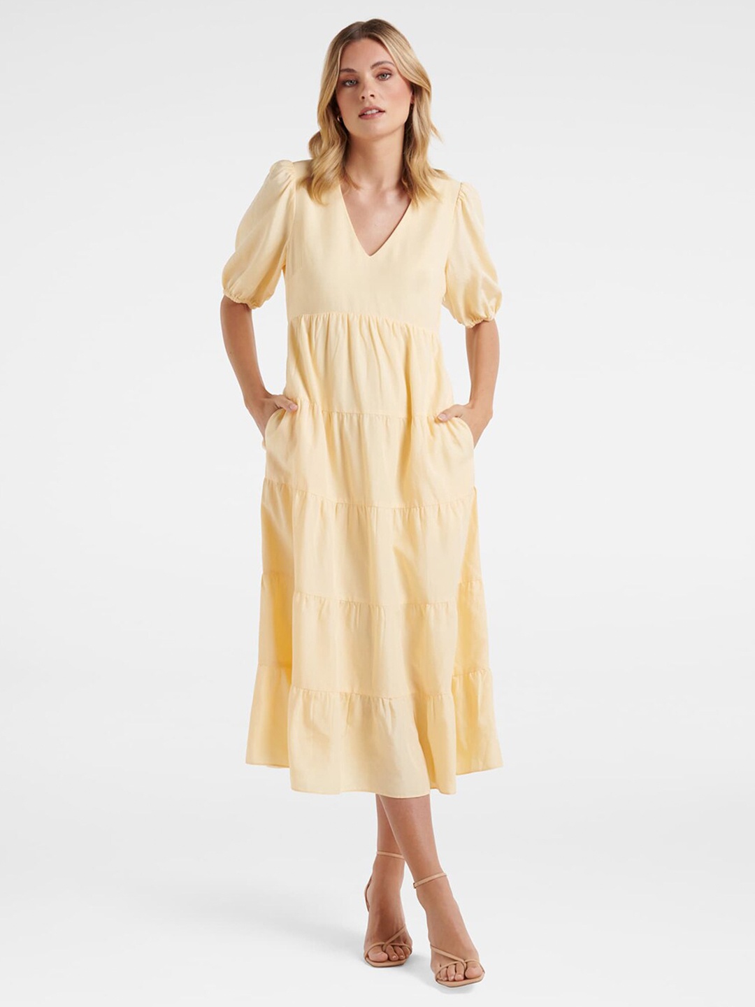 

Forever New Yellow Tiered Midi Dress