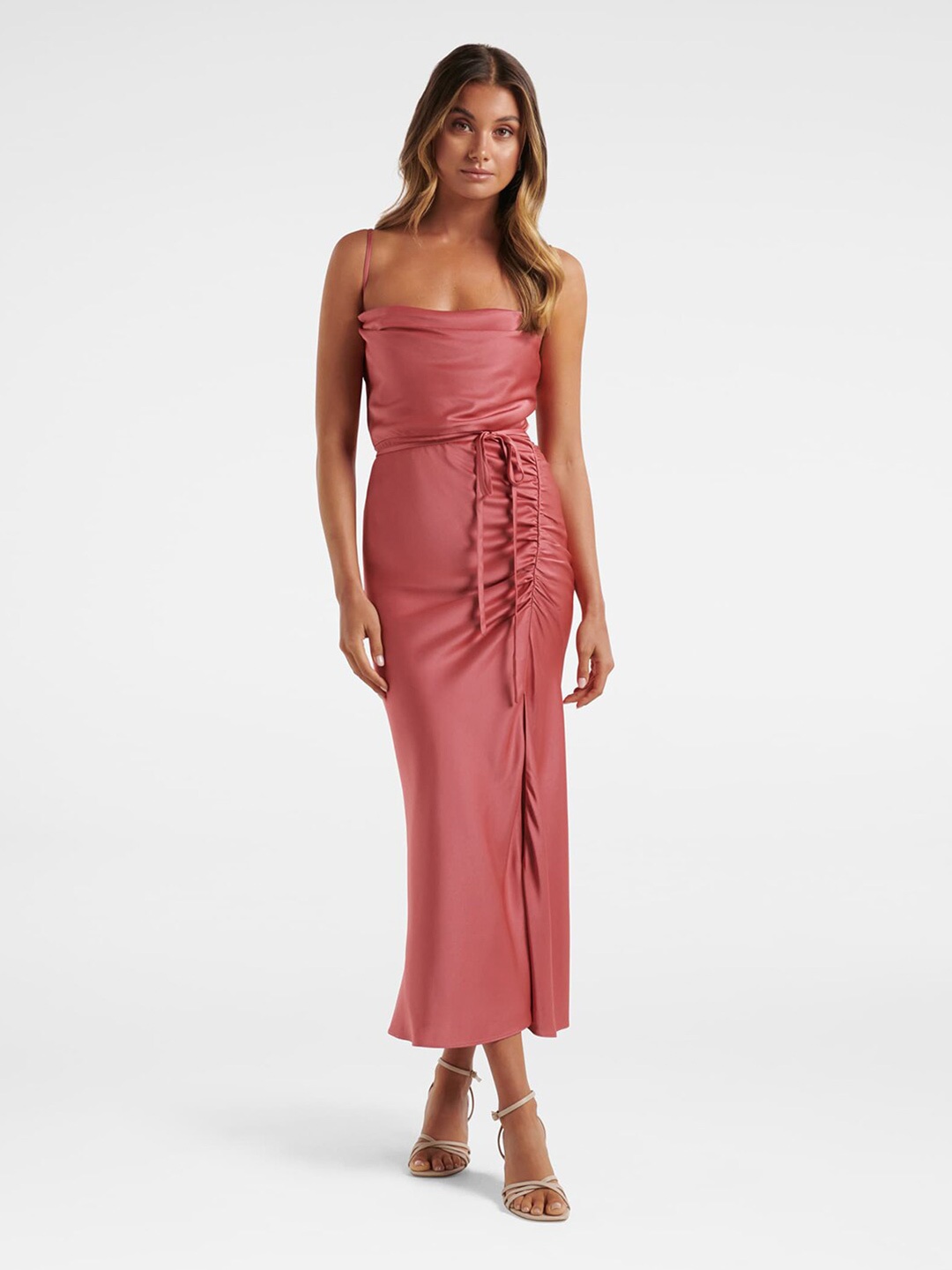 Forever New Pink Off-Shoulder Satin Maxi Dress