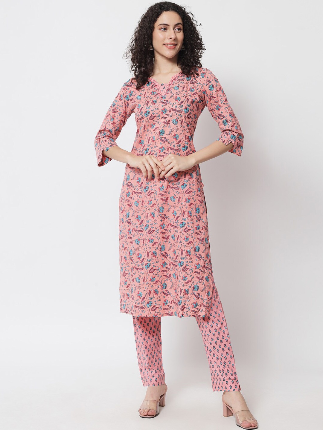 

Ramas Women Pink & Blue Ethnic Motifs Printed Pure Cotton Kurta with Trousers