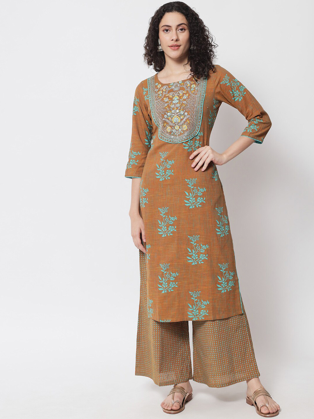 

Ramas Women Mustard Yellow Floral Printed Pure Cotton Kurta with Trousers