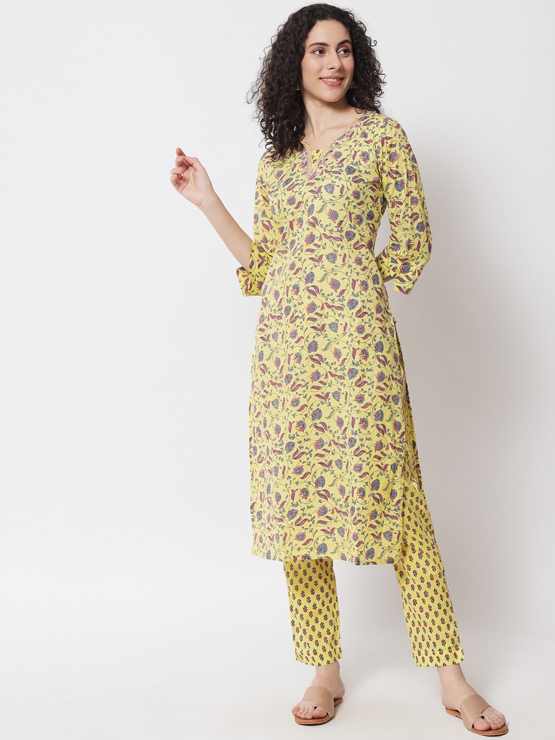 

Ramas Women Yellow Ethnic Motifs Printed Pure Cotton Kurta with Trousers