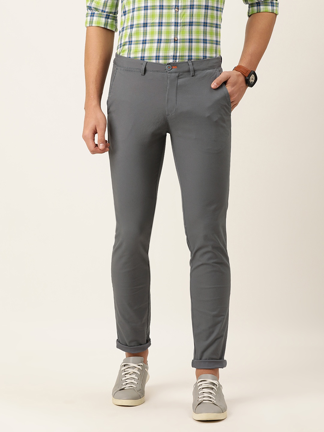

Peter England Men Grey Slim Fit Mid-Rise Casual Trousers