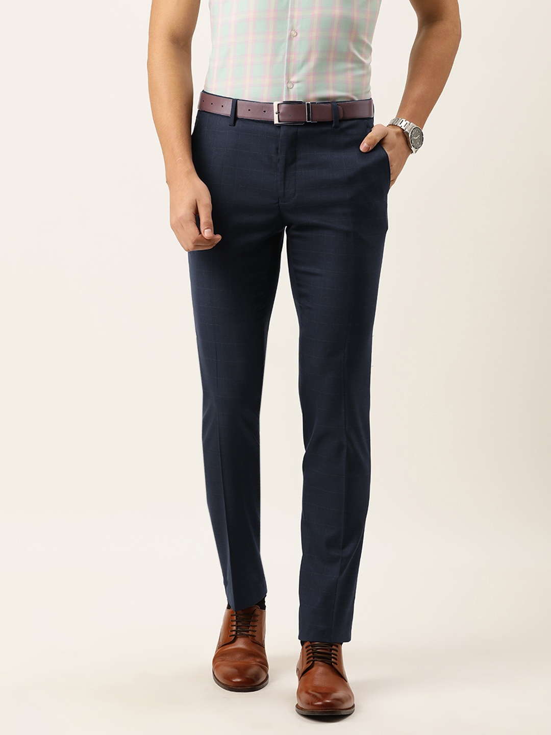 

Peter England Men Navy Blue Checked Slim Fit Formal Trousers