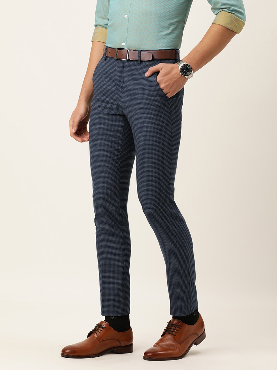 

Peter England Men Blue Checked Slim Fit Formal Trousers