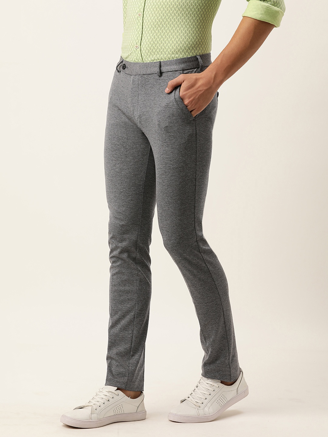 

Peter England Men Charcoal Self Designed Slim Fit Formal Trousers