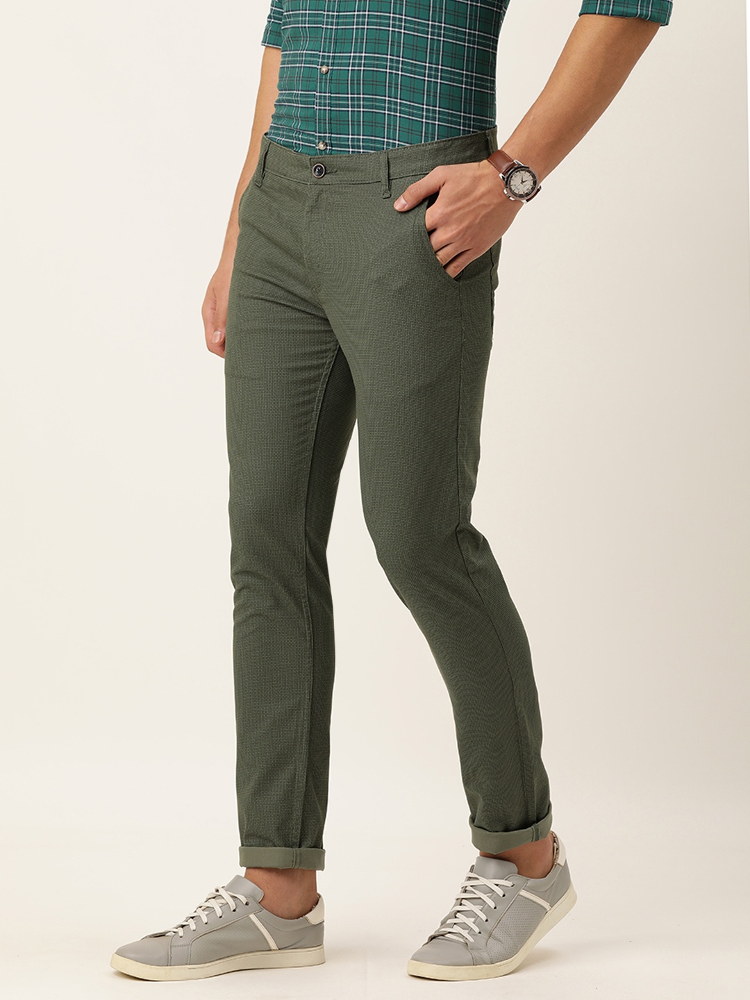 

Peter England Men Olive Green Printed Slim Fit Trousers