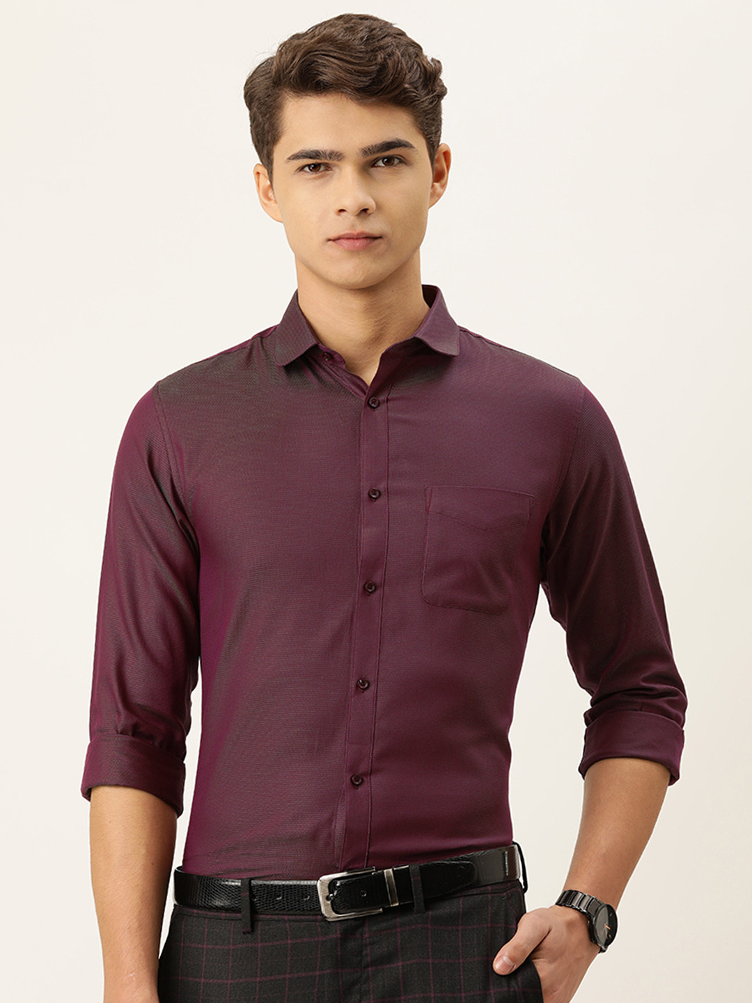

Peter England Men Wine-Coloured Self Design Slim Fit Pure Cotton Formal Shirt, Maroon