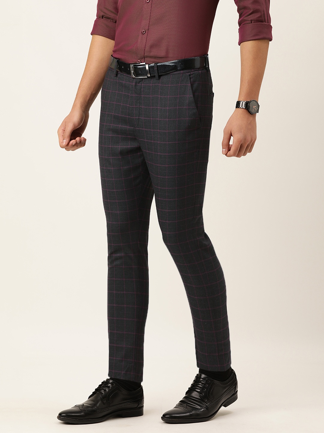 

Peter England Men Charcoal And Purple Checked Carrot Fit Formal Trousers