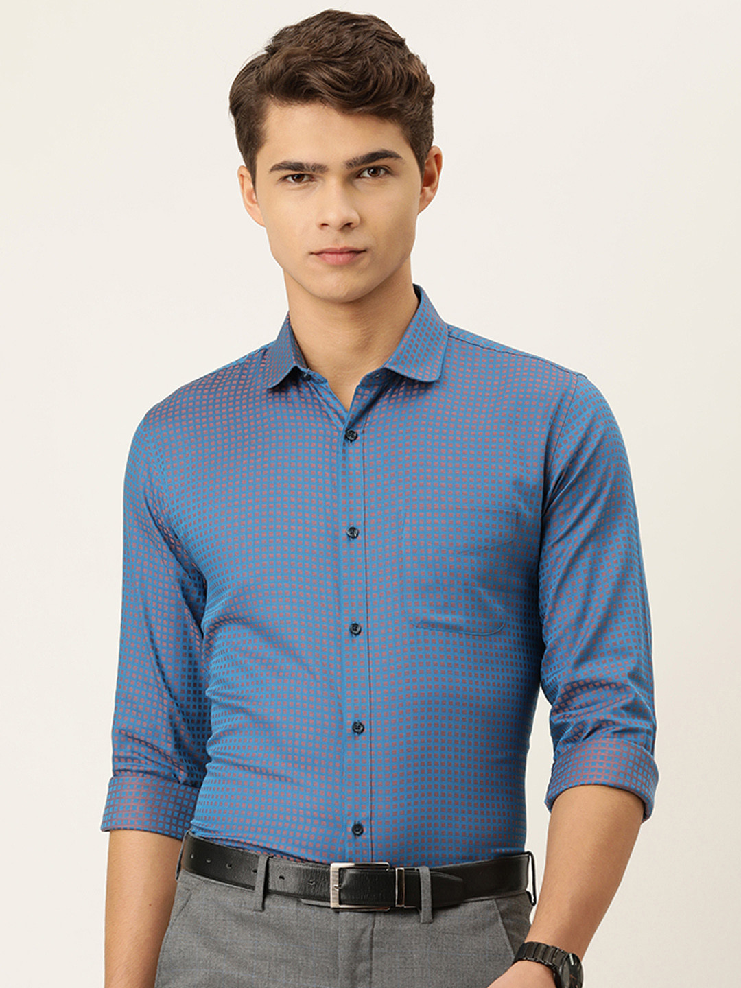 

Peter England Men Blue & Mauve Self Design Slim Fit Formal Shirt