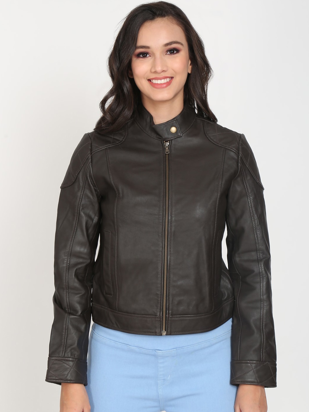 

Justanned Women Brown Leather Outdoor Crop Biker Jacket