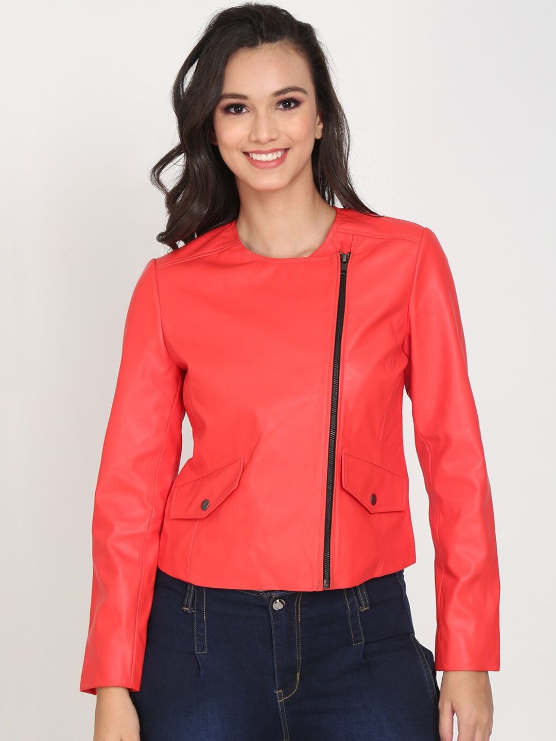 

Justanned Faux Leather Crop Outdoor Tailored Jacket, Red