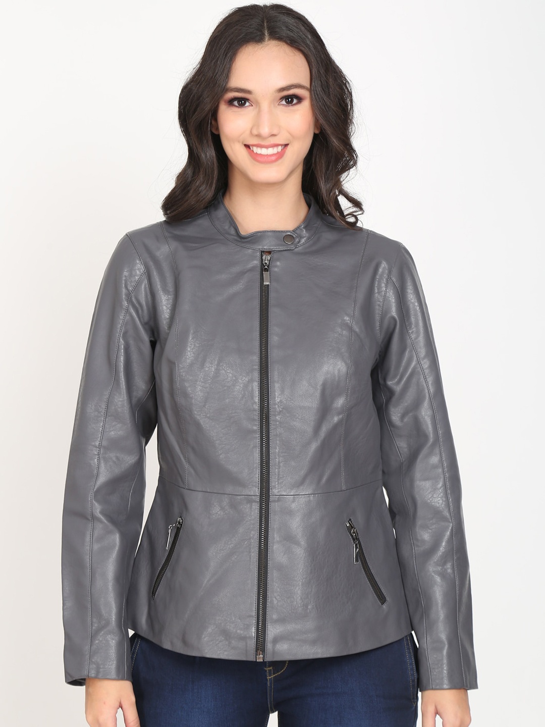 

Justanned Women Grey Outdoor Leather Tailored Jacket