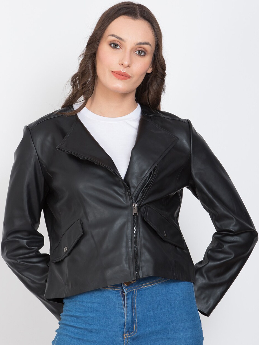 

Justanned Faux Leather Crop Biker Jacket, Black