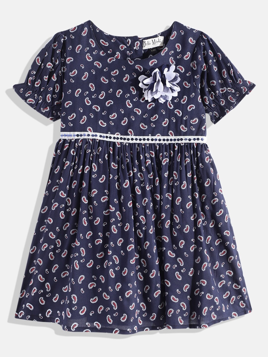 

Bella Moda Girls Navy Blue & White Paisley Printed Pure Cotton Fit & Flare Dress