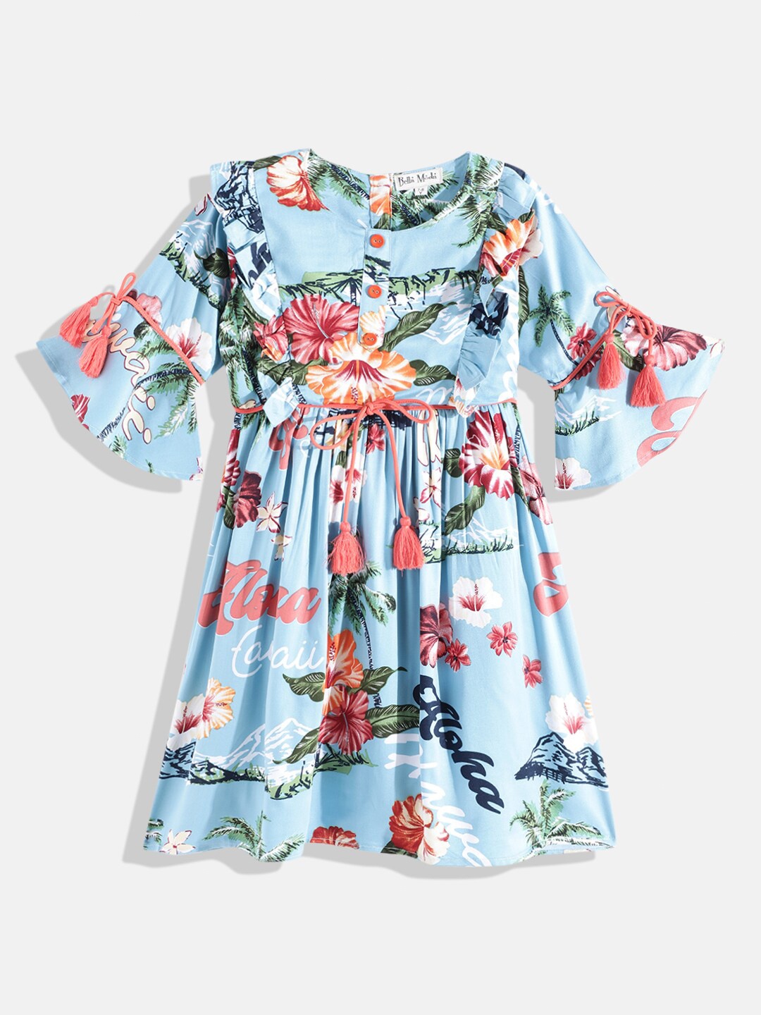 

Bella Moda Girls Blue & Pink Floral Printed Pure Cotton Fit & Flare Dress