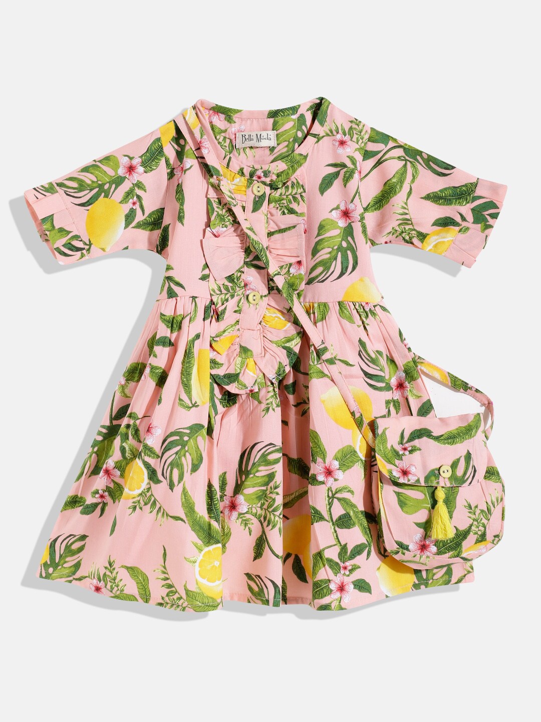 

Bella Moda Pink & Green Tropical Printed Dress with Sling Bag