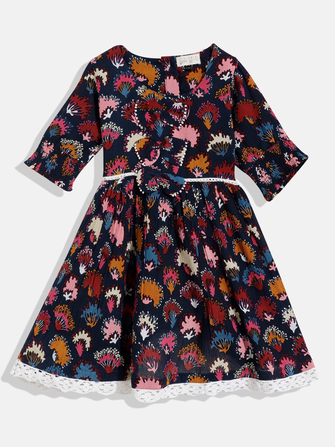 

Bella Moda Girls Navy Blue & Pink Ethnic Motifs Printed Pure Cotton Fit & Flare Dress