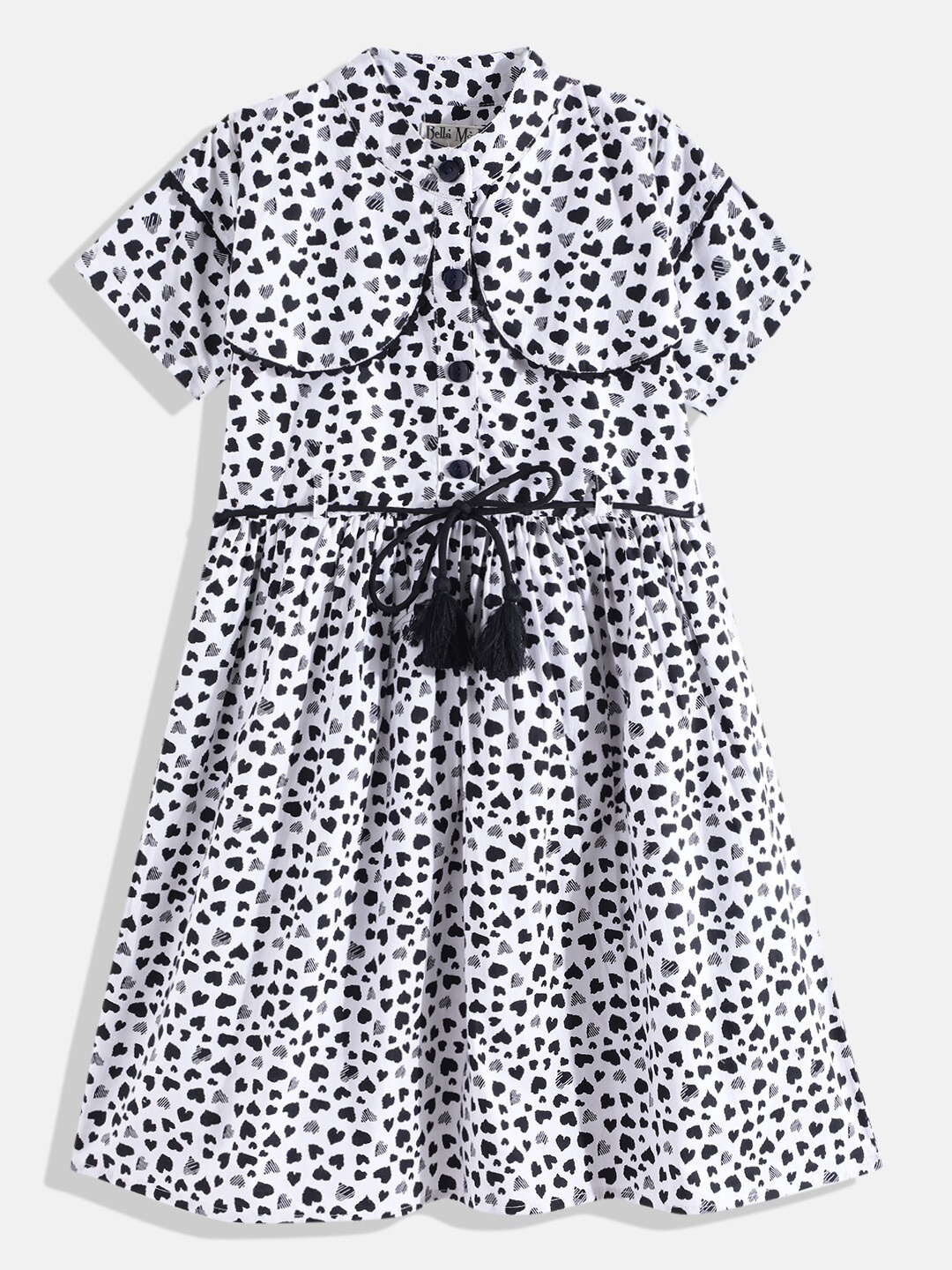 Bella Moda Girls White & Black Printed Pure Cotton Fit & Flare Dress
