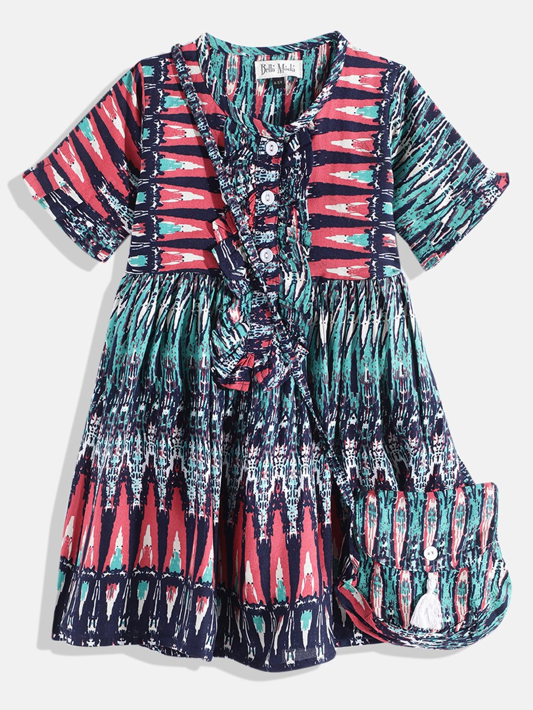 Bella Moda Green & Multicoloured Tribal 100% Cotton Empire Dress Comes with a Sling Bag