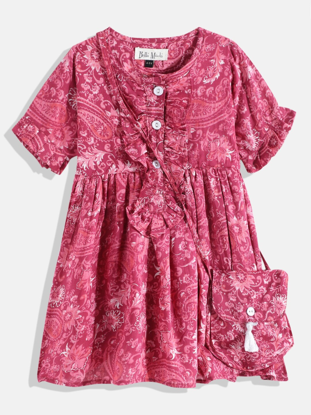 

Bella Moda Maroon Floral Pure Cotton Fit & Flare Dress with Sling Bag