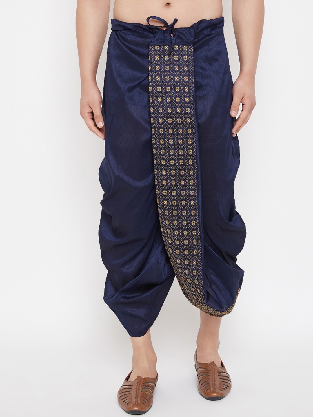 

VASTRAMAY Men Navy Blue & Golden Embroidered Silk Blend Dhoti Pants