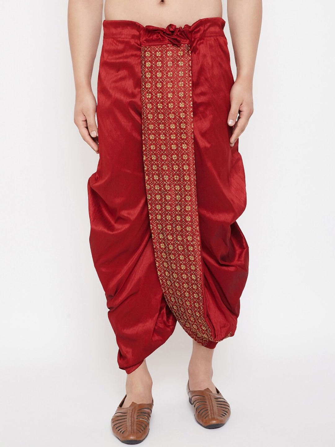 

VASTRAMAY Men Maroon & Gold-Coloured Embroidered Dhoti