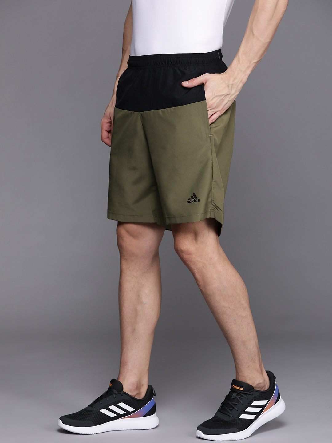 

ADIDAS Men Olive Green & Black E RIB Colourblocked Sports Shorts