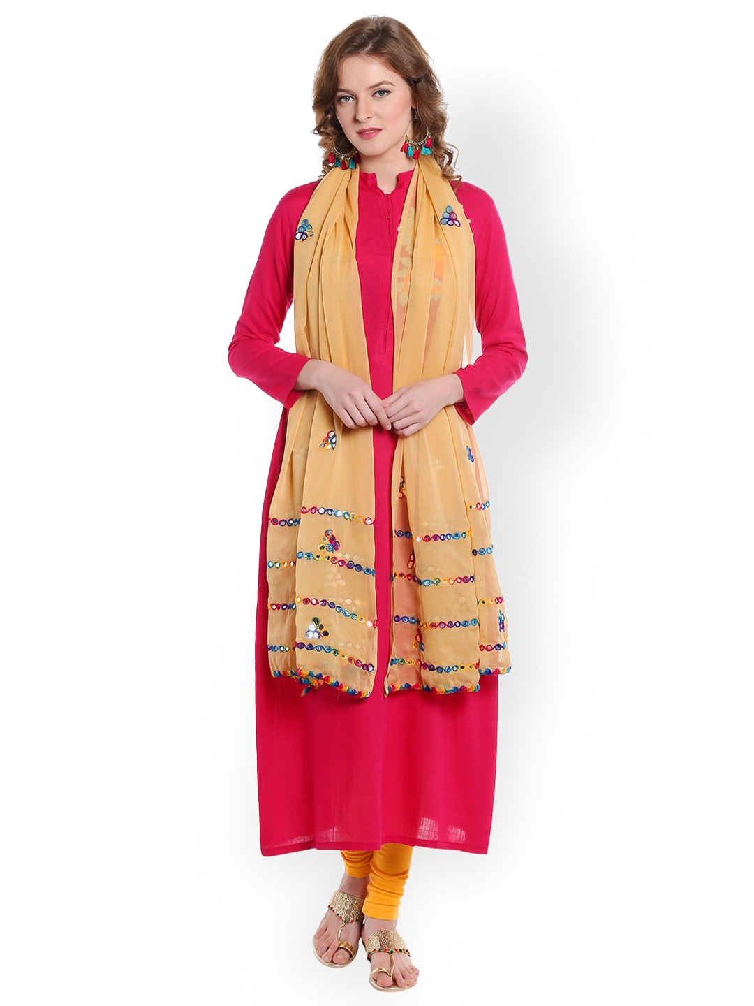 

Dupatta Bazaar Beige Embroidered Dupatta with Mirror Work