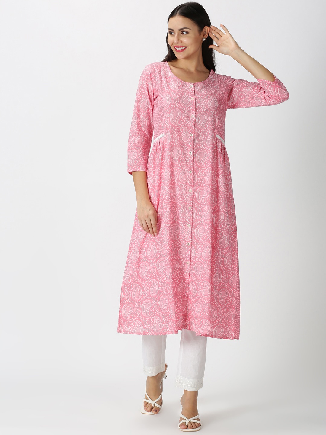 

Saffron Threads Women Pink Paisley Printed Pure Cotton Button-Down Kurta