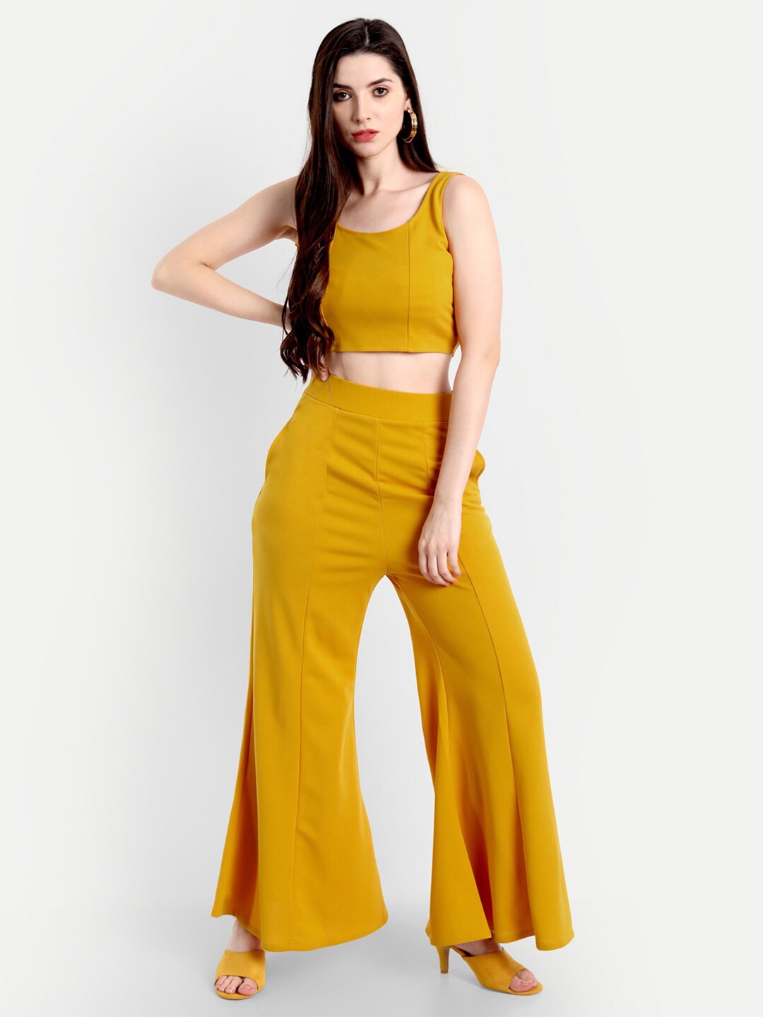 

BROADSTAR Women Mustard Yellow Solid Crop Top With Trousers