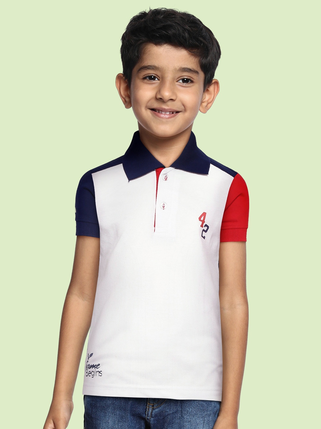

GAME BEGINS Boys Off-White & Navy Blue Colourblocked Cotton Polo Collar T-shirt