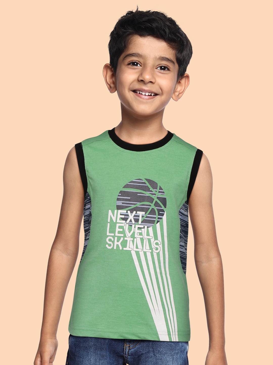 

GAME BEGINS Boys Green & Charcoal Grey Printed Cotton T-shirt