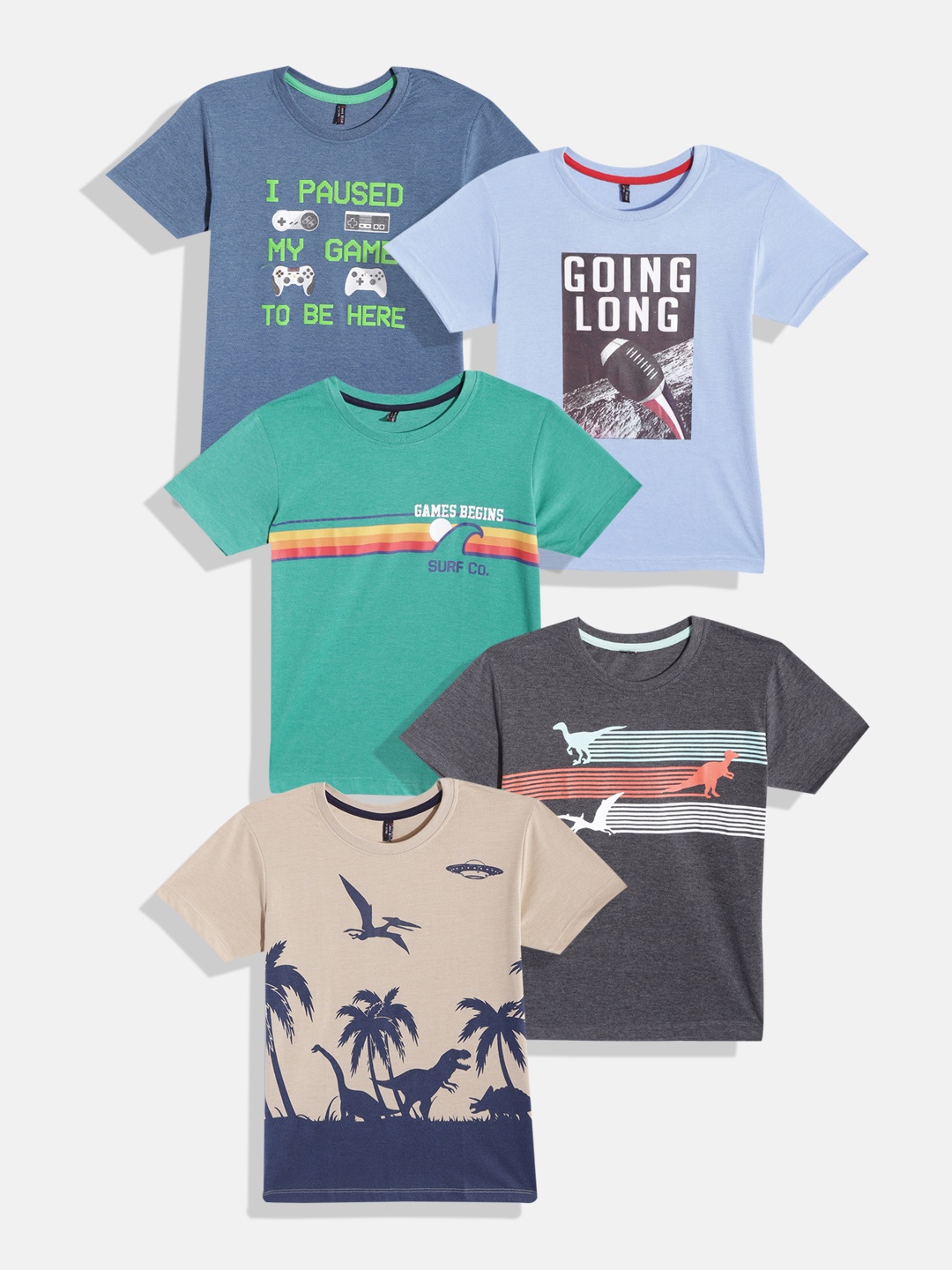 

GAME BEGINS Boys Pack of 5 Printed Cotton T-shirt, Blue
