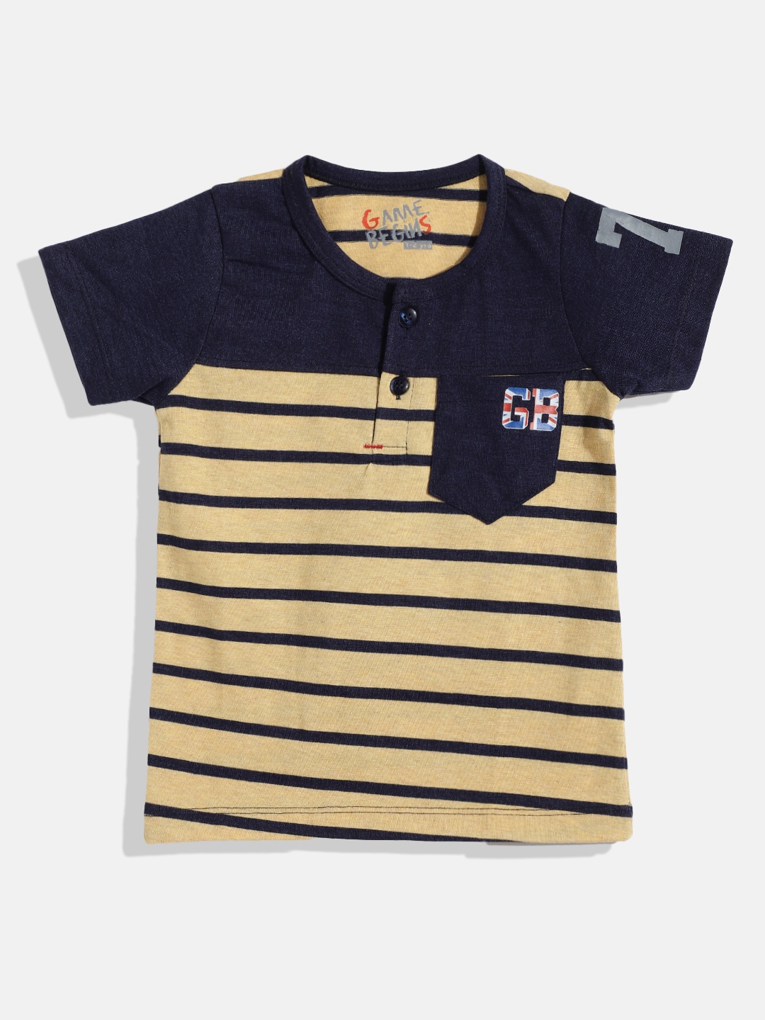 

GAME BEGINS Boys Beige & Navy Blue Pure Cotton Striped Henley Neck T-shirt