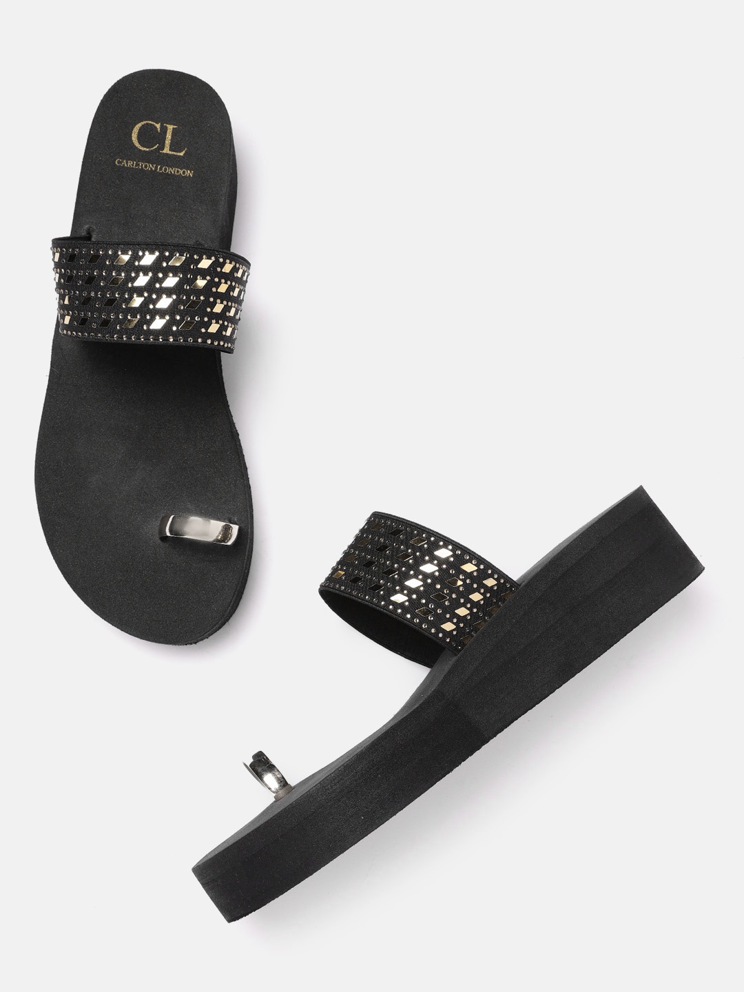 

Carlton London Black & Gold-Toned Ethnic Embellished One Toe Wedges