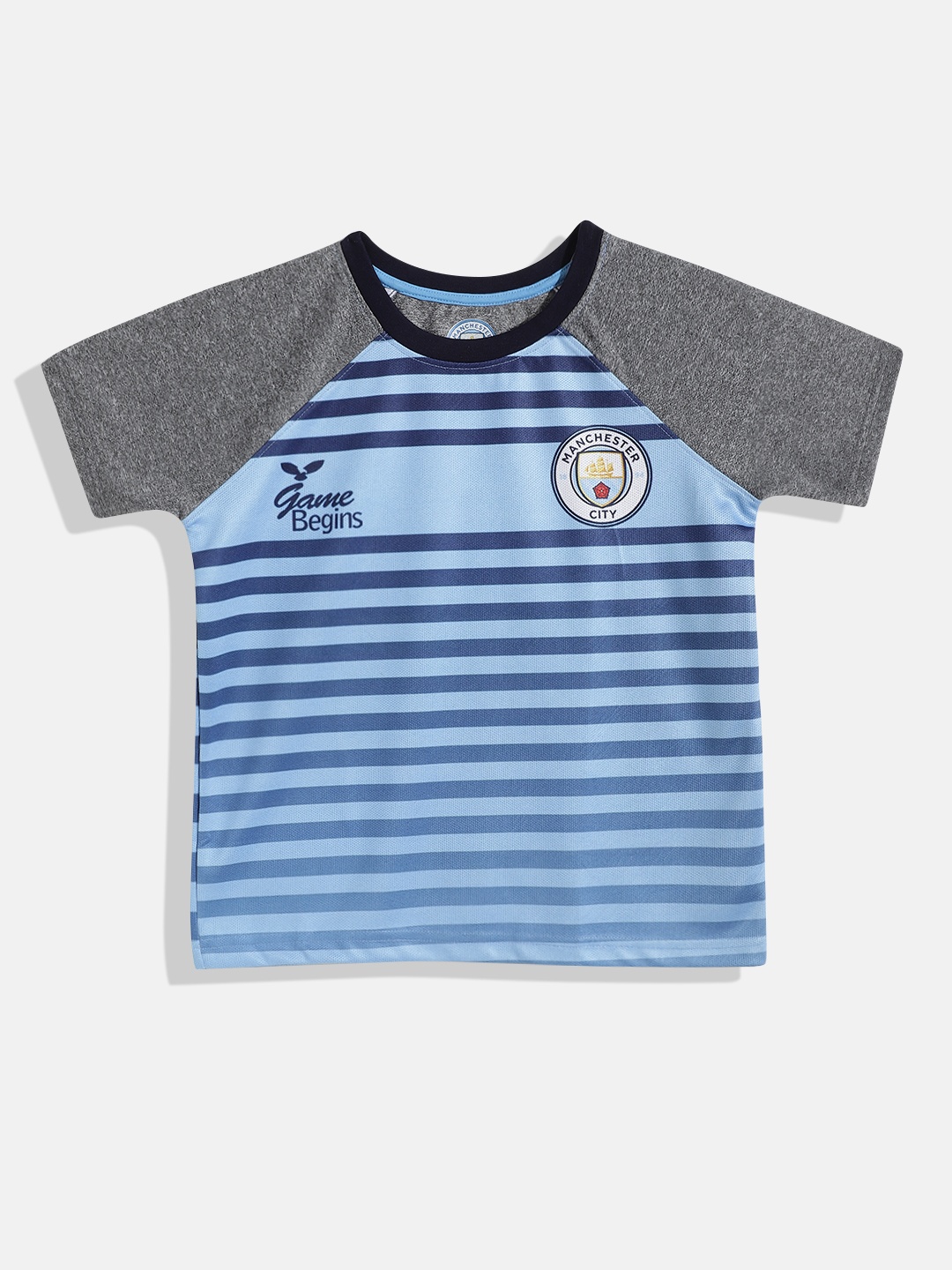 

GAME BEGINS Boys Blue Striped Manchester City Print T-shirt