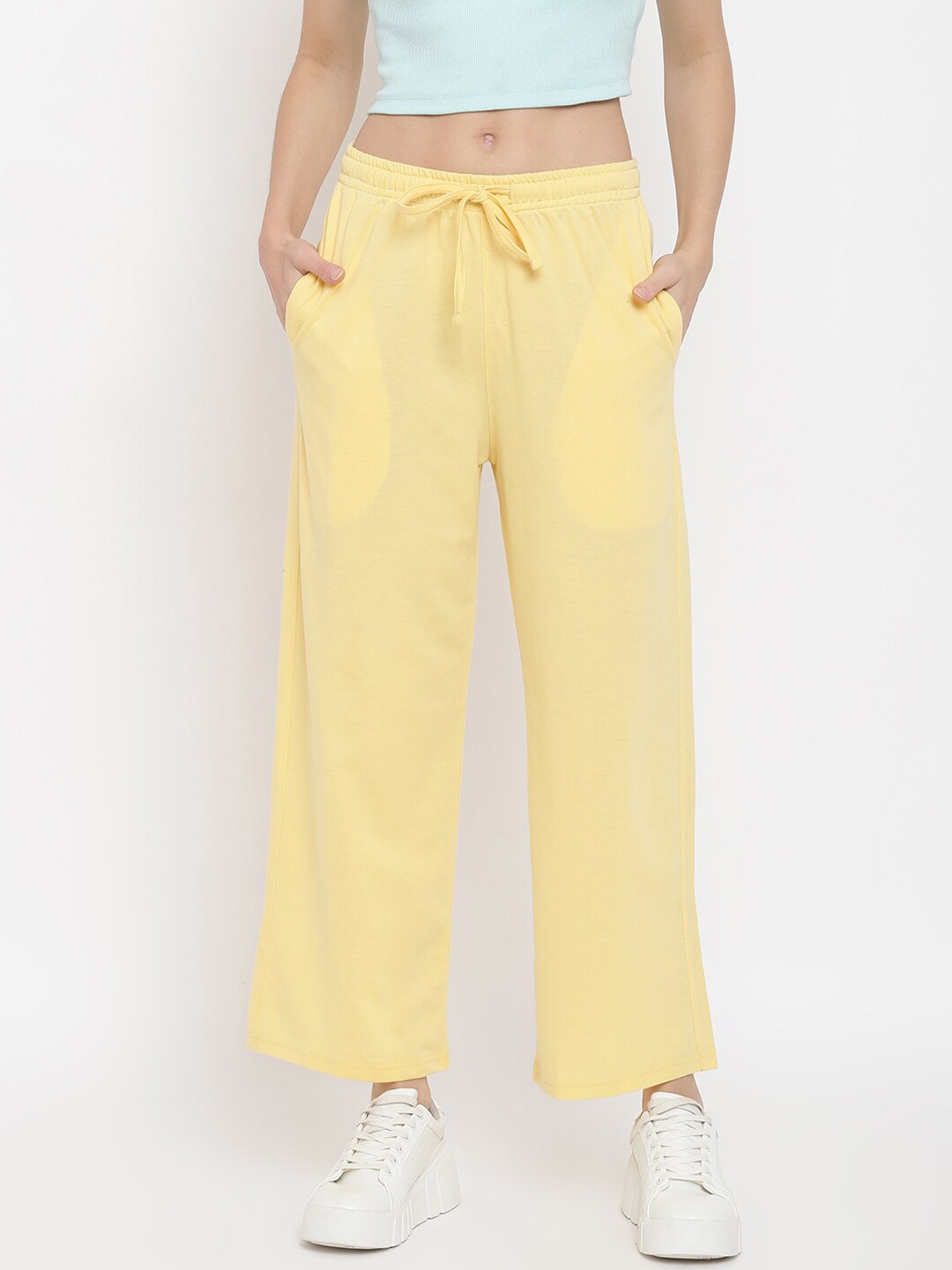 

MKH Women Yellow Solid Wide-Leg Track Pants