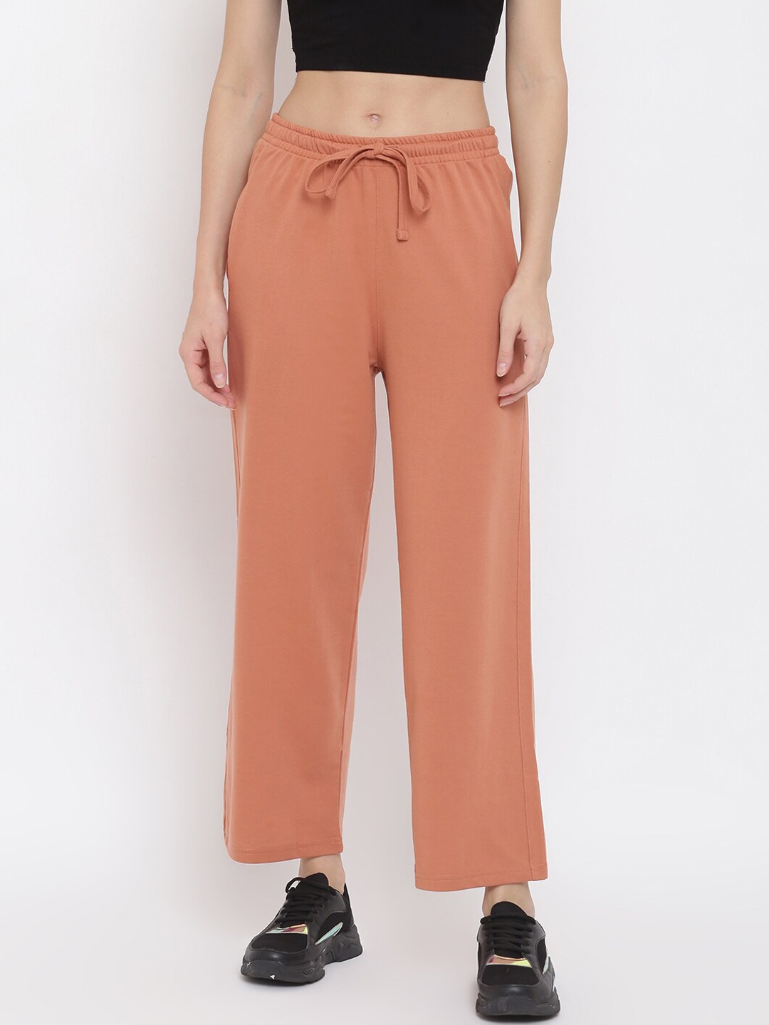 

Women Tan Solid Wide Leg Cotton Track Pants