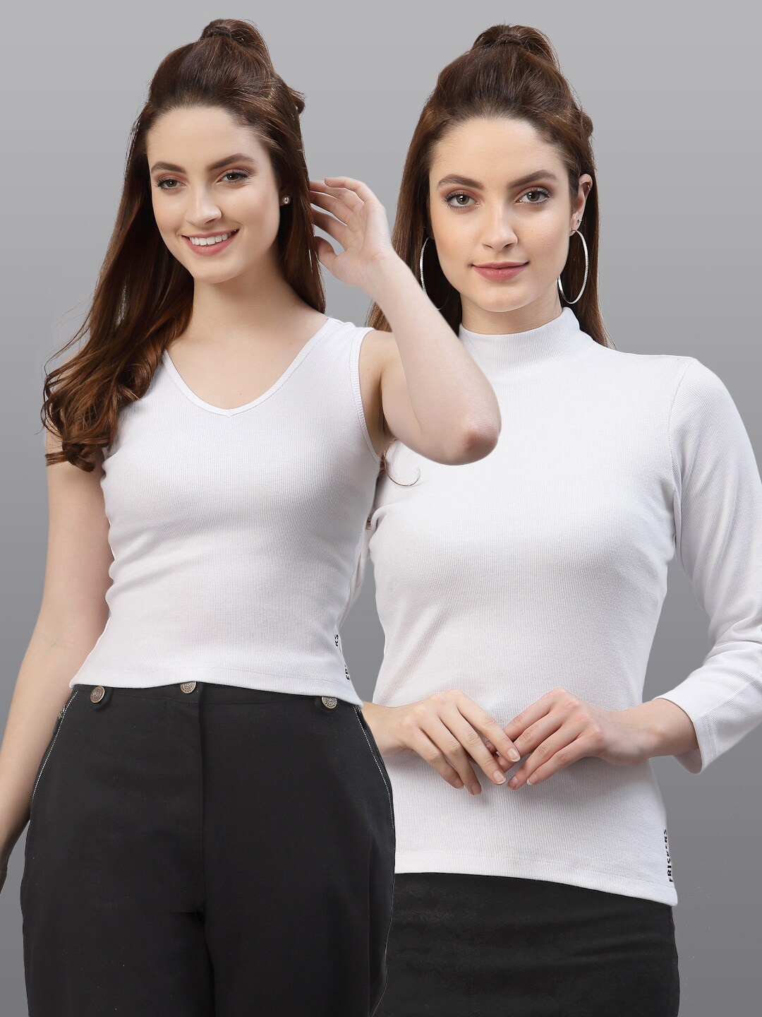 Friskers Women Pack of 2 White Solid V-Neck Cotton Fitted Tops