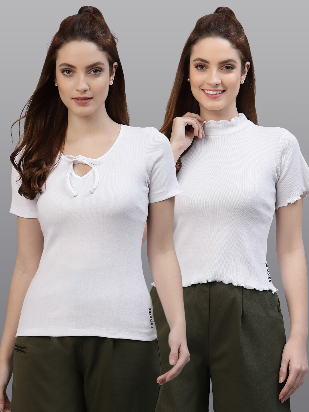 

Friskers Women Set Of 2 White Tie-Up Neck Top