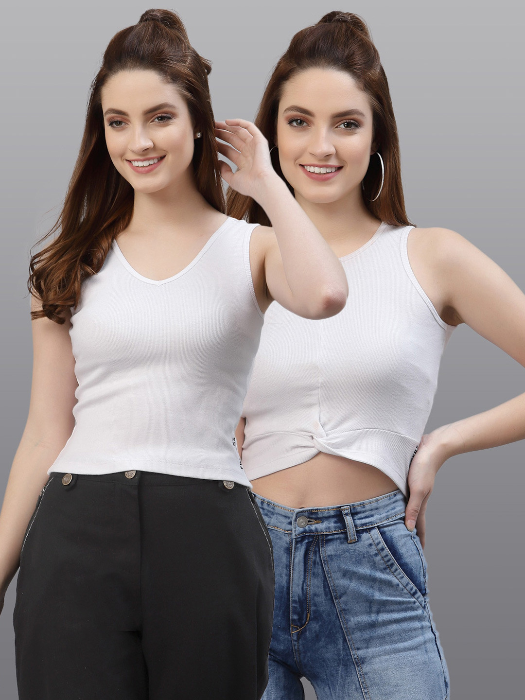 

Friskers Women Pack of 2 White Solid High Neck Cotton Fitted Tops