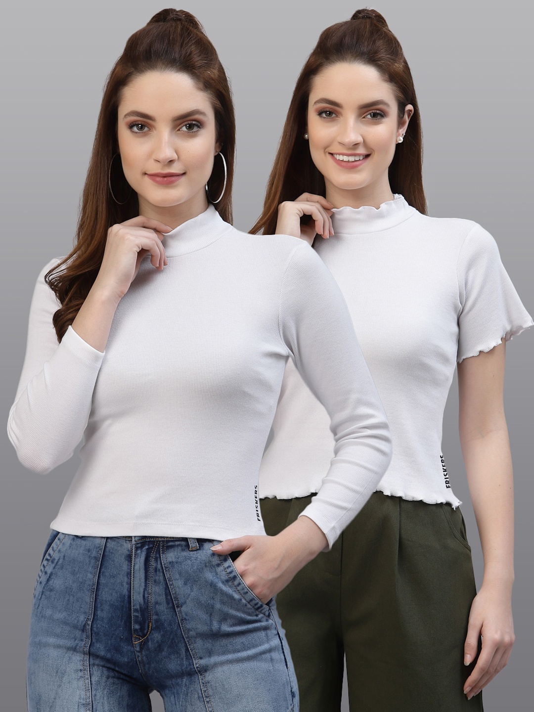 

Friskers Women Pack of 2 White Solid High Neck Cotton Fitted Tops