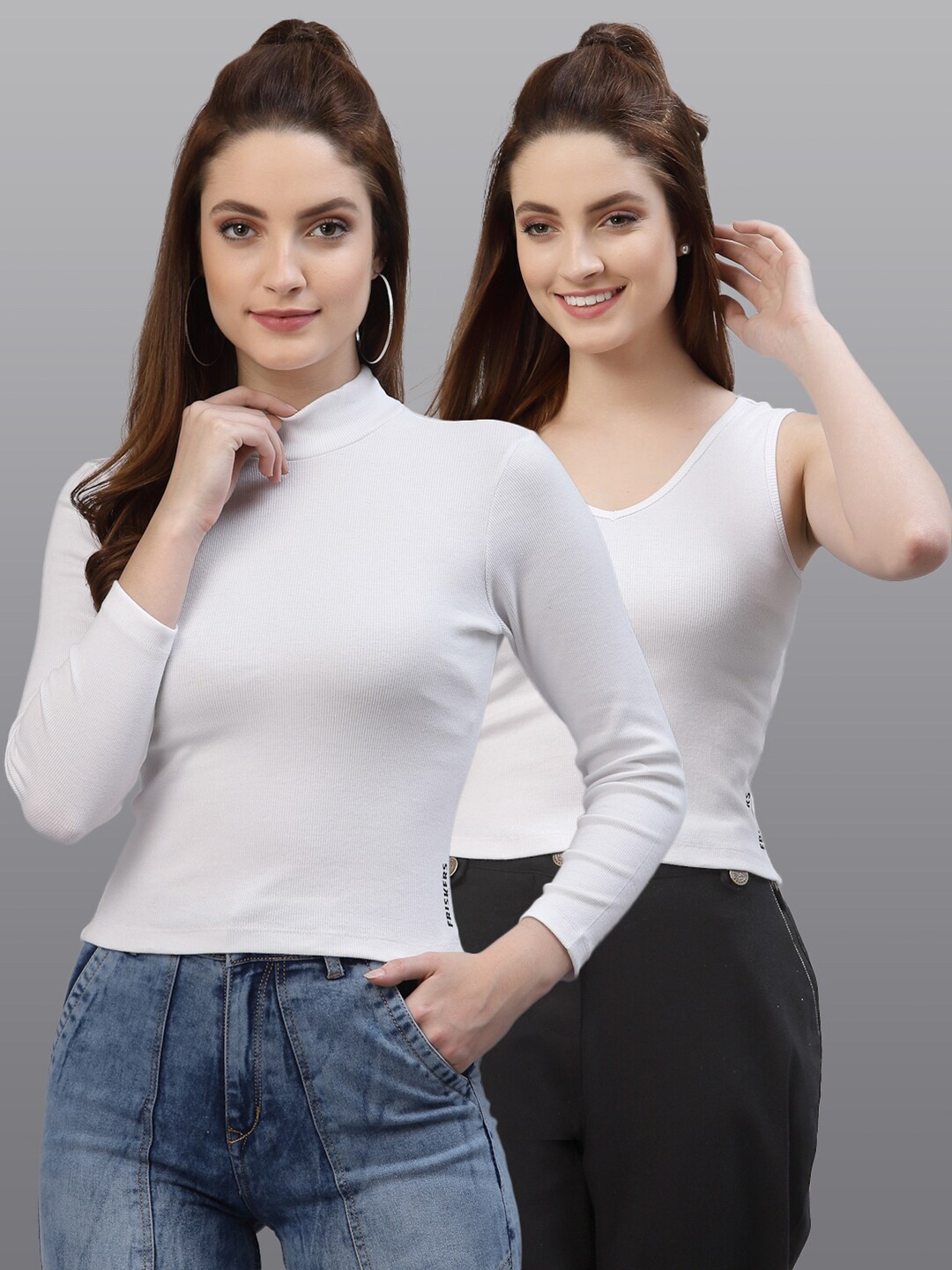 

Friskers Women Pack of 2 White Solid High Neck Cotton Fitted Tops