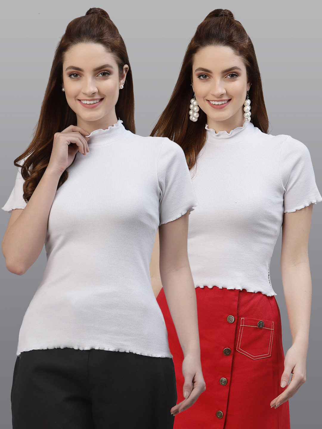 

Friskers Women Pack of 2 White Solid High Neck Cotton Fitted Tops