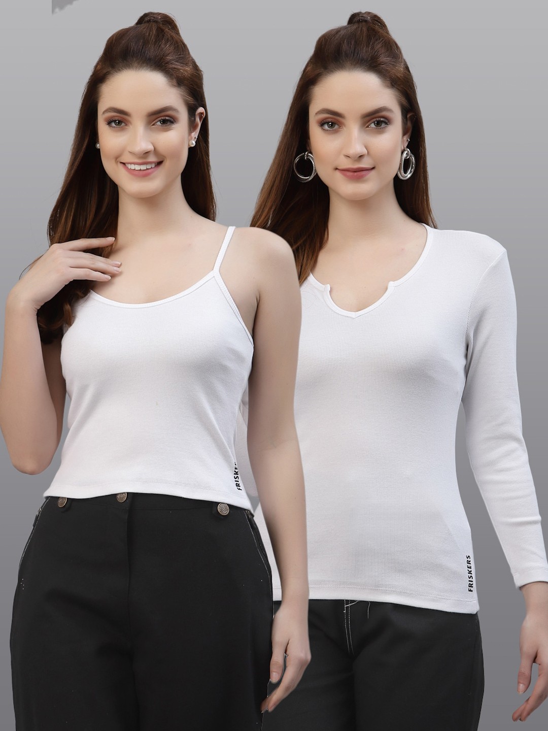 

Friskers Women Pack of 2 White Solid Shoulder Straps Cotton Fitted Tops