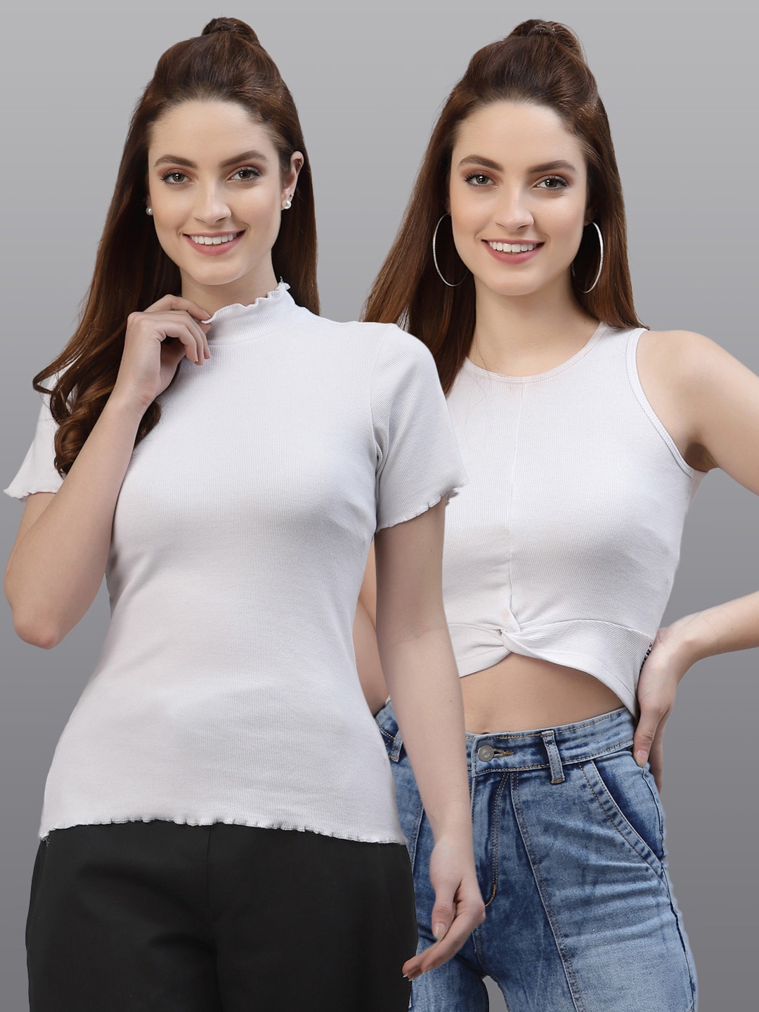

Friskers Women Pack of 2 White Solid Round Neck Cotton Fitted Tops