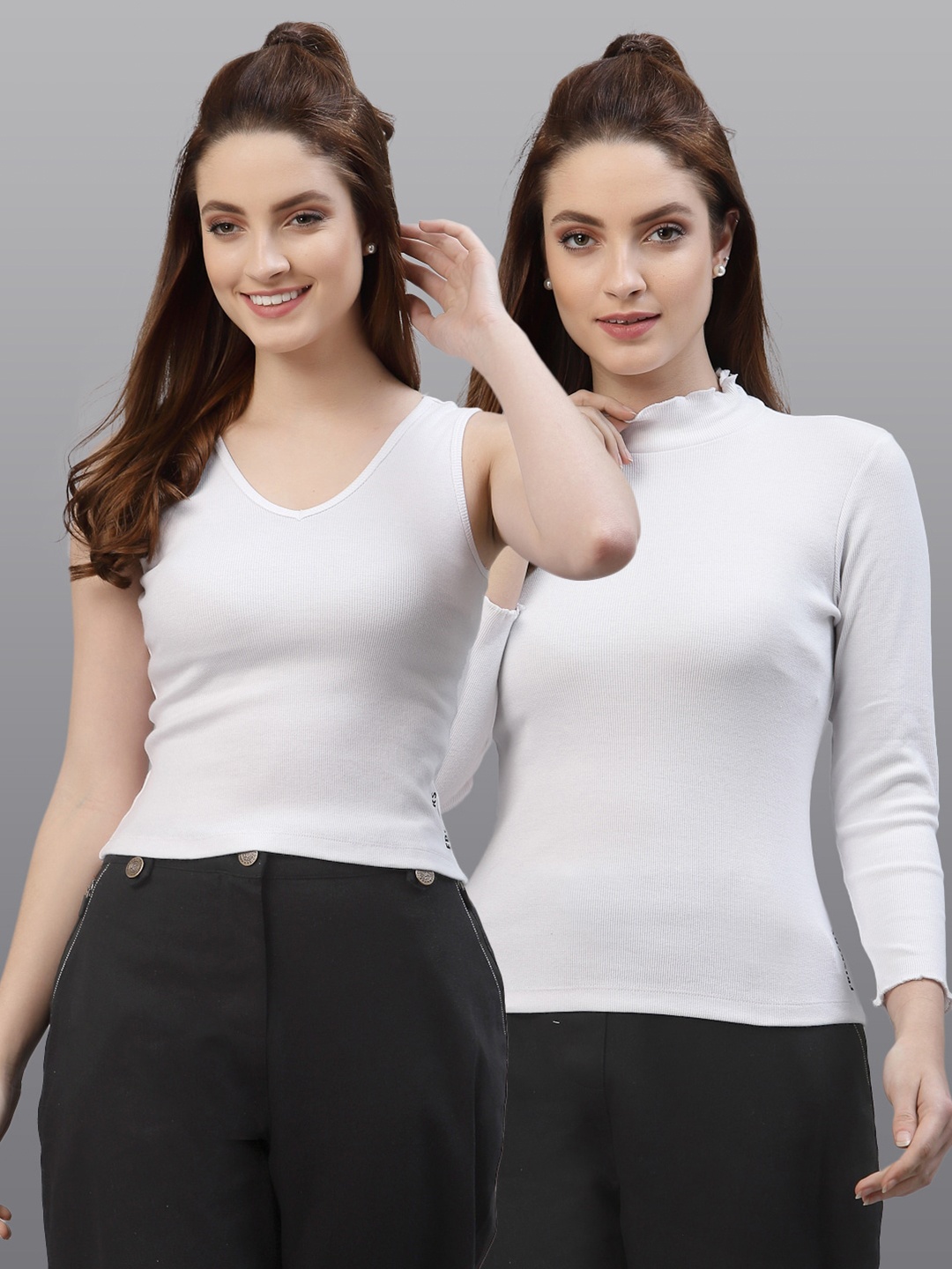 

Friskers Women Pack of 2 White Solid V-Neck Cotton Fitted Tops