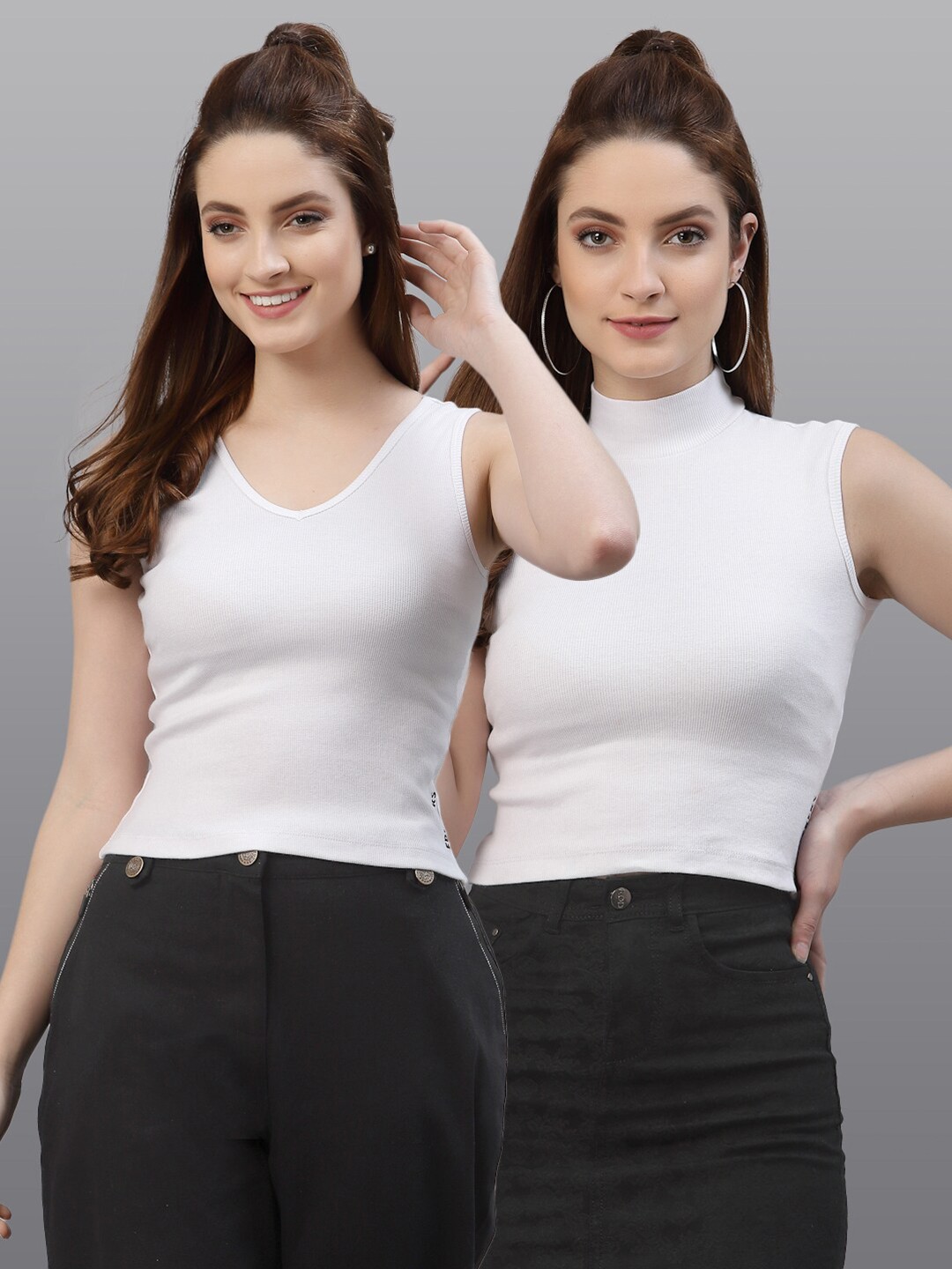 

Friskers Women Pack of 2 White Solid High Neck Cotton Fitted Tops
