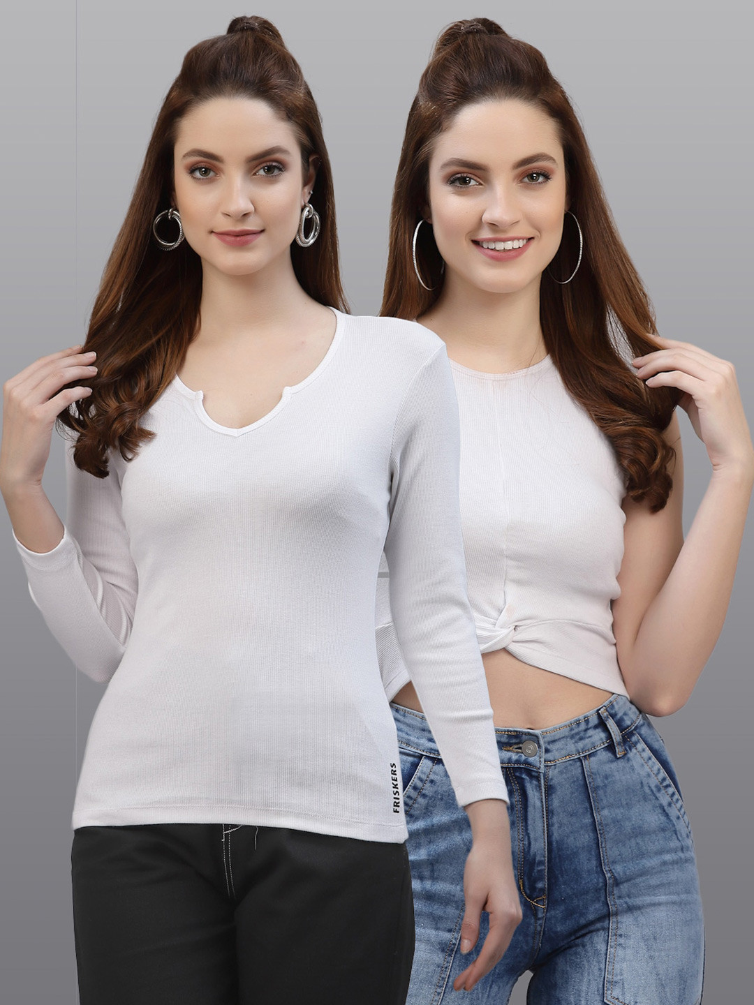 

Friskers Women Pack of 2 White Solid Round Neck Cotton Fitted Tops